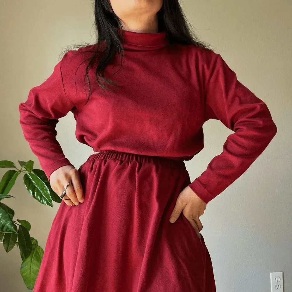 vtg 90s Lands end upcycled reowrked 2 piece skirt crop top set red‎ knit small